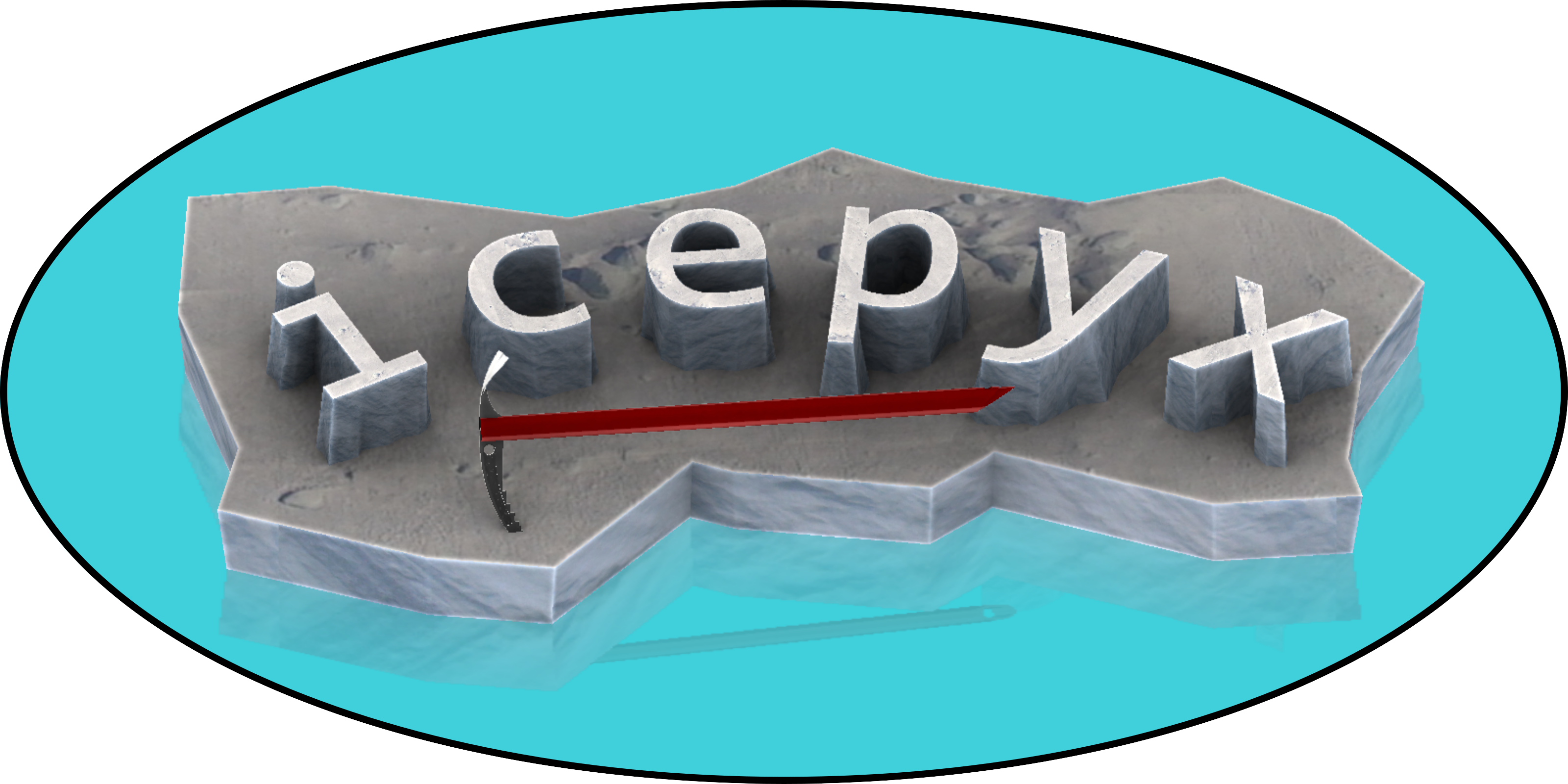 icepyx logo of the word icepyx in raised letters on an iceberg with an ice ax